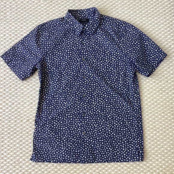Theory Mens Button Down Irving Short Sleeve Shirt Cotton Small Navy Blue White - Picture 1 of 6
